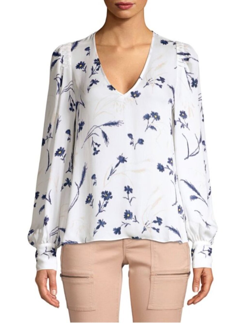 JOIE Yadra White Floral Double Faced 100% Silk Georgette V-Neck Blouse, Size L